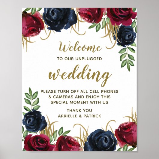 Burgundy Navy Blue Floral niet-plugged Wedding Sig Poster (Voorkant)