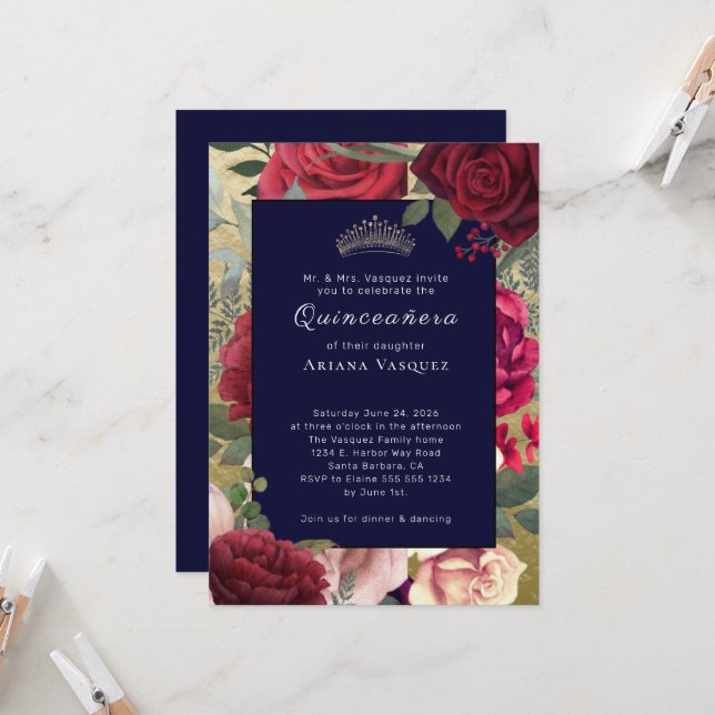 Burgundy Navy Blue Floral Quinceañera (Voorkant / Achterkant in situ)