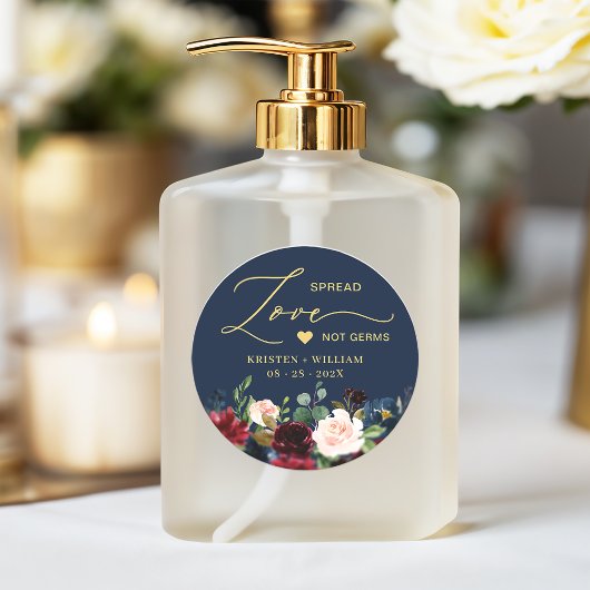 Burgundy Navy Blue Floral Sanitizer Wedding Favor Ronde Sticker