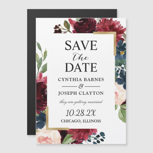 Burgundy Navy Blue Floral Save the Date Magnet (Voorkant / Achterkant)