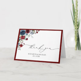 Burgundy Navy Blue Floral Waterverf Foto bruiloft Kaart