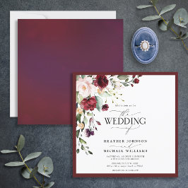 Burgundy Navy Blue Floral Waterverf Script Kaart