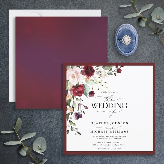 Burgundy Navy Blue Floral Waterverf Script Kaart