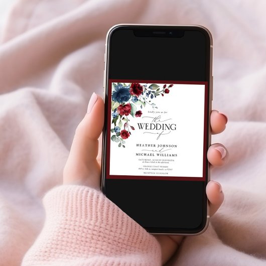 Burgundy Navy Blue Floral Waterverf Script Kaart