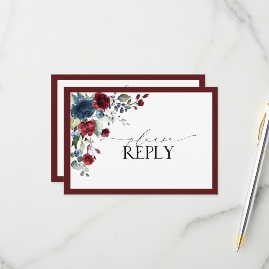Burgundy Navy Blue Floral Waterverf Script RSVP (Voorkant / Achterkant in situ)