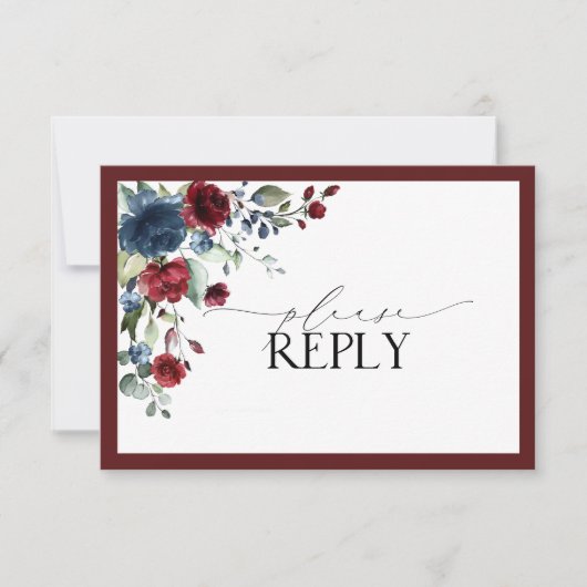 Burgundy Navy Blue Floral Waterverf Script RSVP Kaartje (Voorkant)