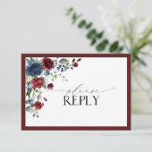 Burgundy Navy Blue Floral Waterverf Script RSVP Kaartje (Staand voorkant)