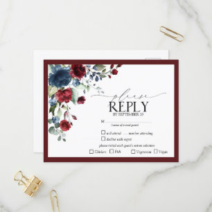 Burgundy Navy Blue Floral Waterverf Script RSVP Uitnodiging Briefkaart