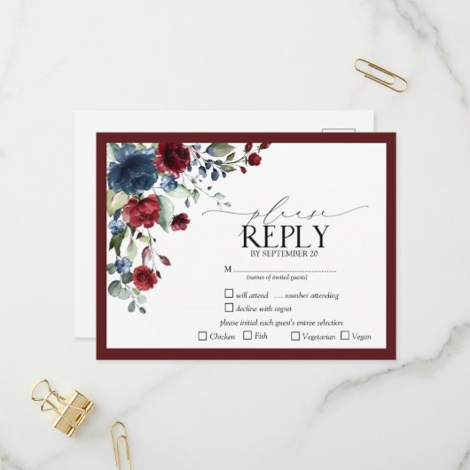 Burgundy Navy Blue Floral Waterverf Script RSVP Uitnodiging Briefkaart (Voorkant / Achterkant in situ)