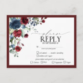 Burgundy Navy Blue Floral Waterverf Script RSVP Uitnodiging Briefkaart (Voorkant)