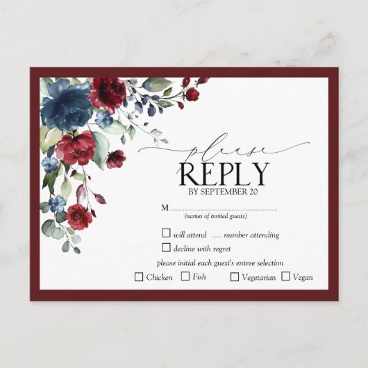 Burgundy Navy Blue Floral Waterverf Script RSVP Uitnodiging Briefkaart (Voorkant)