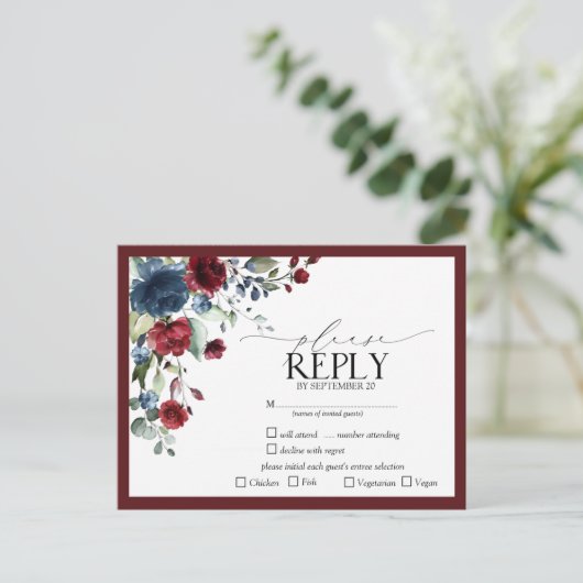Burgundy Navy Blue Floral Waterverf Script RSVP Uitnodiging Briefkaart (Staand voorkant)