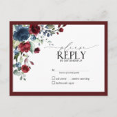 Burgundy Navy Blue Floral Waterverf Script RSVP Uitnodiging Briefkaart (Voorkant)
