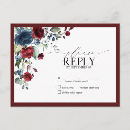 Burgundy Navy Blue Floral Waterverf Script RSVP Uitnodiging Briefkaart