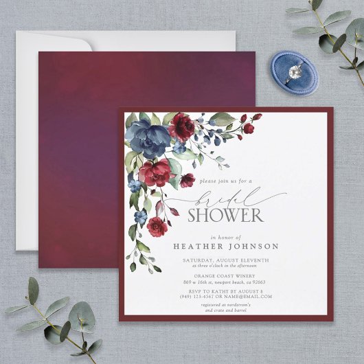 Burgundy Navy Blue Floral Waterverf Vrijgezellenfe Kaart