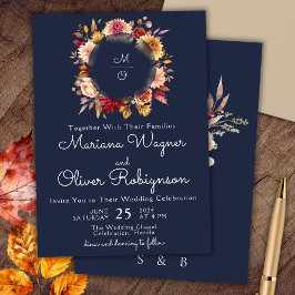 Burgundy Navy Blue Floral Wedding Kaart