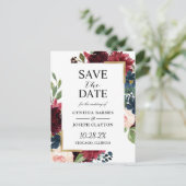 Burgundy Navy Blue Floral Wedding Save the Date Briefkaart (Staand voorkant)