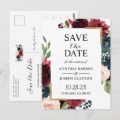 Burgundy Navy Blue Floral Wedding Save the Date Briefkaart (Voorkant / Achterkant)