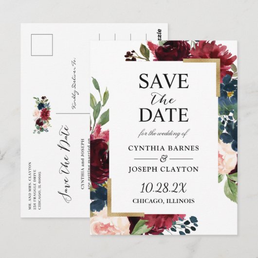 Burgundy Navy Blue Floral Wedding Save the Date Briefkaart (Voorkant / Achterkant)