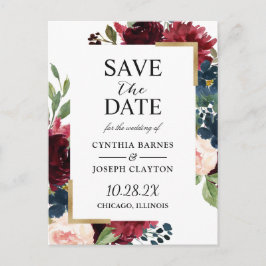 Burgundy Navy Blue Floral Wedding Save the Date Briefkaart
