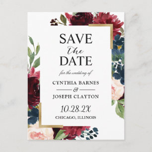 Burgundy Navy Blue Floral Wedding Save the Date Briefkaart