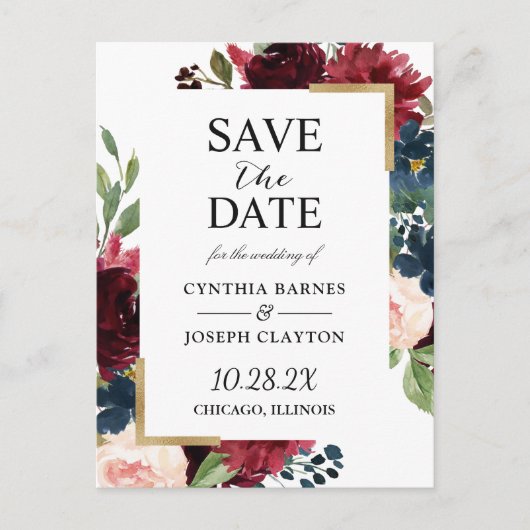 Burgundy Navy Blue Floral Wedding Save the Date Briefkaart (Voorkant)