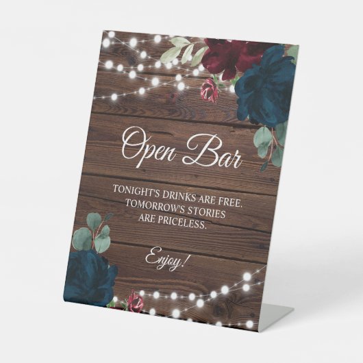 Burgundy & Navy Blue Flower Open Bar Sign Reclamebord Met Voetstuk (Voorkant)