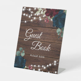 Burgundy & Navy Blue Flowers Guest Book Sign Reclamebord Met Voetstuk