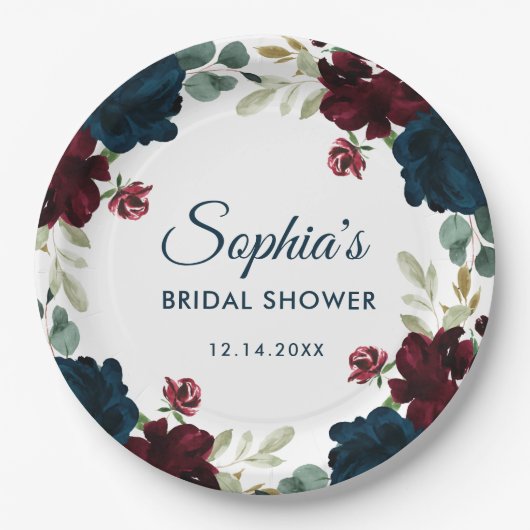 Burgundy & Navy Blue Flowers Rustic Bridal Shower Papieren Bordje (Voorkant)