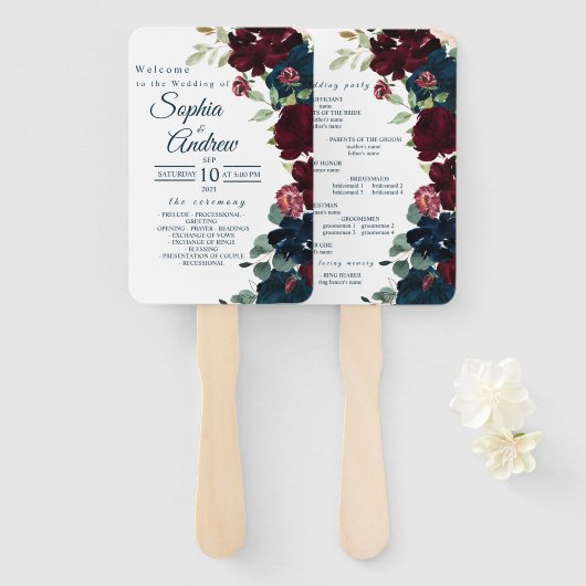 Burgundy & Navy Blue Flowers Wedding Set of Fans Handwaaier (Voorkant en achterkant)