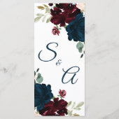 Burgundy & Navy Blue Flowers Wood Weddenschap Menu (Achterkant)