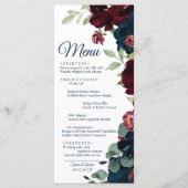 Burgundy & Navy Blue Flowers Wood Weddenschap Menu (Voorkant)