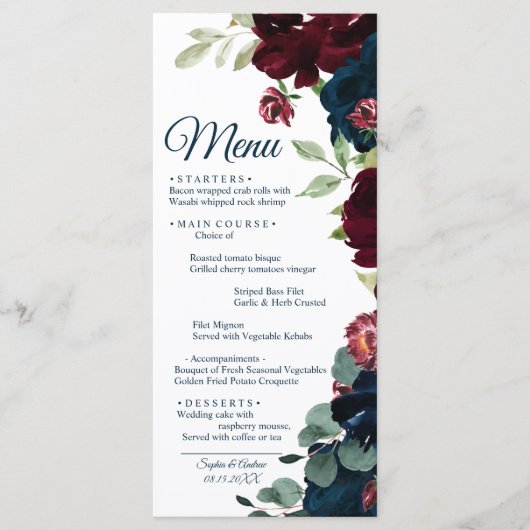 Burgundy & Navy Blue Flowers Wood Weddenschap Menu (Voorkant)