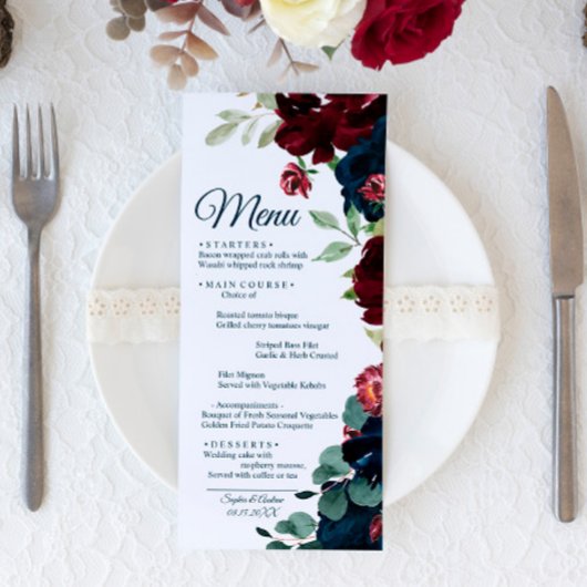Burgundy & Navy Blue Flowers Wood Weddenschap Menu