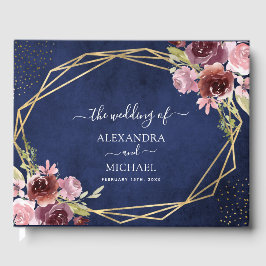Burgundy Navy Blue Geometric Floral Wedding Gastenboek