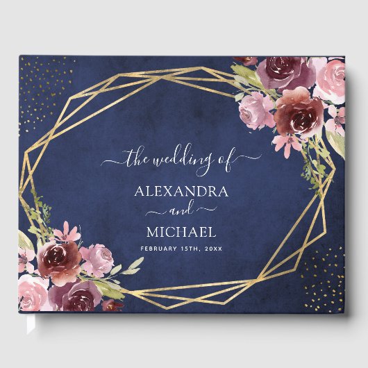 Burgundy Navy Blue Geometric Floral Wedding Gastenboek (Voorkant)