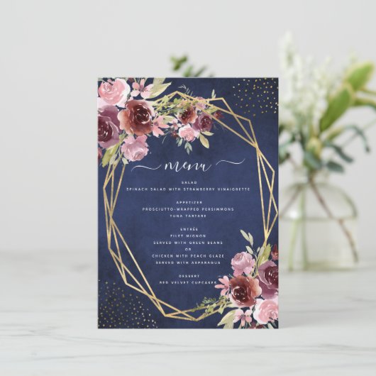 Burgundy Navy Blue Geometric Floral Wedding Menu (Staand voorkant)