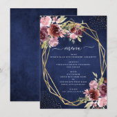 Burgundy Navy Blue Geometric Floral Wedding Menu (Voorkant / Achterkant)