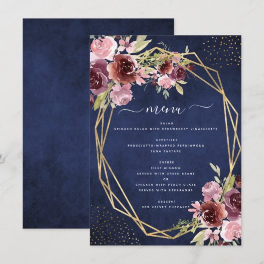 Burgundy Navy Blue Geometric Floral Wedding Menu (Voorkant / Achterkant)