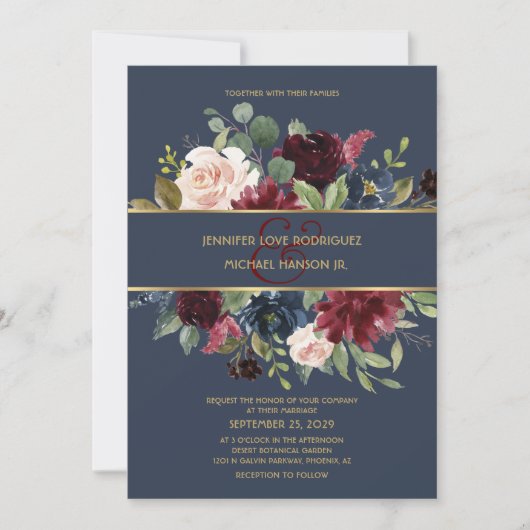 Burgundy & Navy Blue Gold Boho Chic Wedding Kaart (Voorkant)