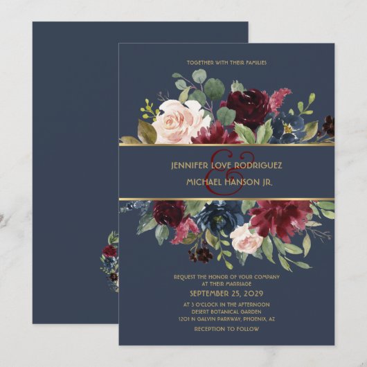 Burgundy & Navy Blue Gold Boho Chic Wedding Kaart (Voorkant / Achterkant)