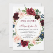 Burgundy navy blue goudfloral baby shower kaart (Voorkant)