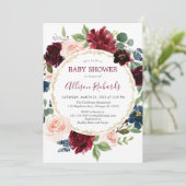 Burgundy navy blue goudfloral baby shower kaart (Staand voorkant)