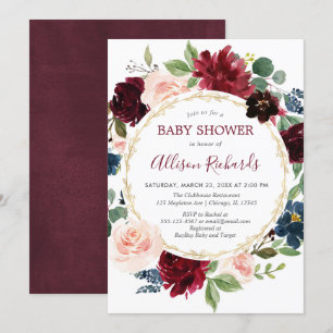 Burgundy navy blue goudfloral baby shower kaart