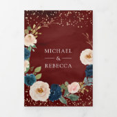 Burgundy Navy Blue Peach Floral QR Code Weddenscha Drieluik Uitnodiging (Cover)