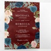 Burgundy Navy Blue Peach Floral QR Code Weddenscha Drieluik Uitnodiging (Binnenzijde eerst)