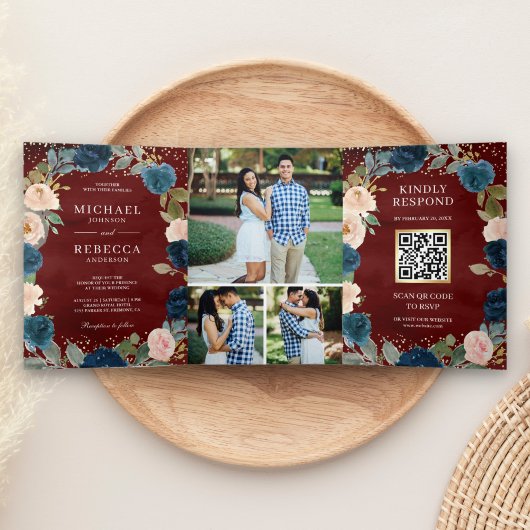 Burgundy Navy Blue Peach Floral QR Code Weddenscha Drieluik Uitnodiging