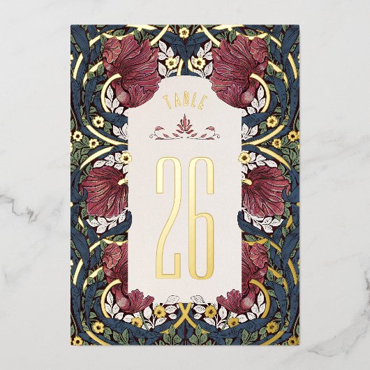 Burgundy Navy Blue Pimpernel Morris Table Numbers Folie Uitnodiging (Voorkant)
