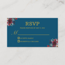 Burgundy Navy Blue Waterverf Floral Wedding RSVP