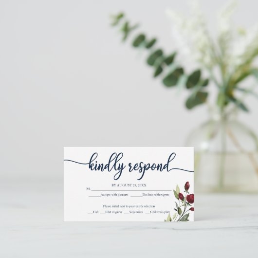 Burgundy Navy Blue Waterverf Floral Wedding RSVP Informatiekaartje (Staand voorkant)